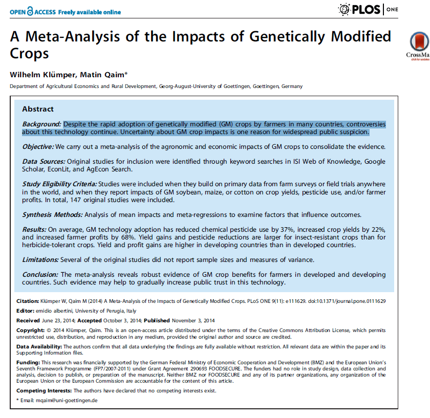 A Meta-Analysis of the Impacts of Genetically Modified Crops